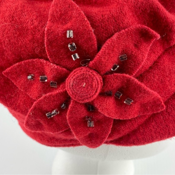 Next Wool Blend Cloche Hat Red with Flower Detail Solid Brim - Picture 2 of 9